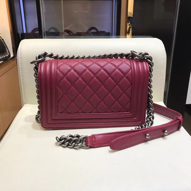 Chanel Small Boy Flap Shoulder Bag in Original Caviar Leather Date Red with Silver Hardware