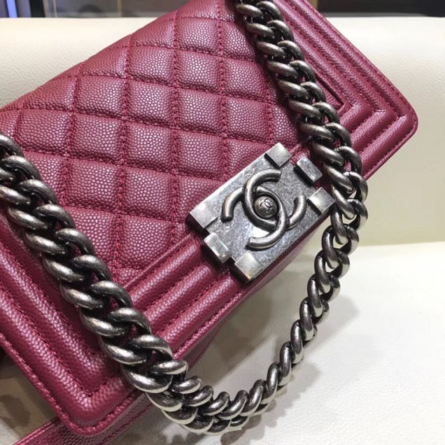 Chanel Small Boy Flap Shoulder Bag in Original Caviar Leather Date Red with Silver Hardware
