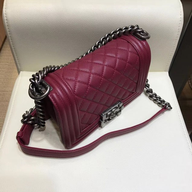 Chanel Small Boy Flap Shoulder Bag in Original Caviar Leather Date Red with Silver Hardware