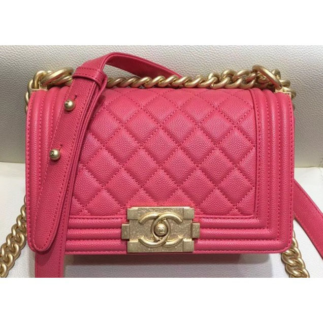 Chanel Small Boy Flap Shoulder Bag in Original Caviar Leather Dark Pink with Gold Hardware