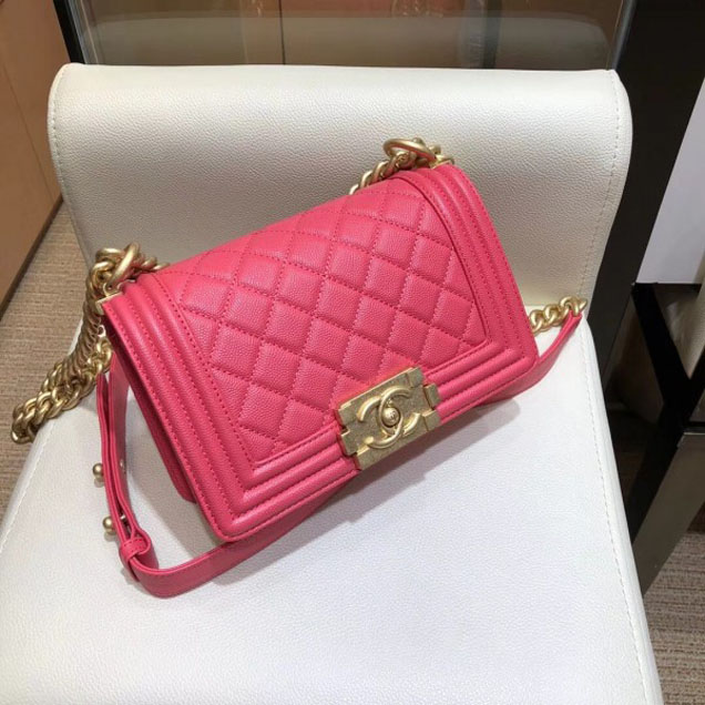Chanel Small Boy Flap Shoulder Bag in Original Caviar Leather Dark Pink with Gold Hardware