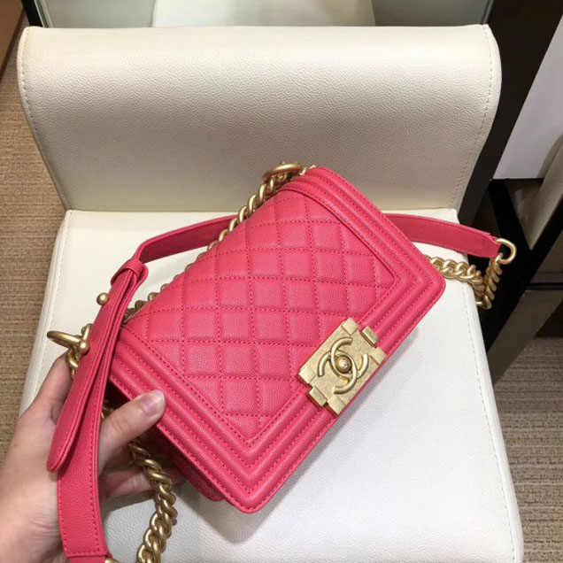 Chanel Small Boy Flap Shoulder Bag in Original Caviar Leather Dark Pink with Gold Hardware
