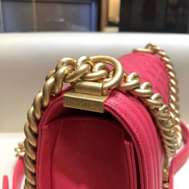 Chanel Small Boy Flap Shoulder Bag in Original Caviar Leather Dark Pink with Gold Hardware
