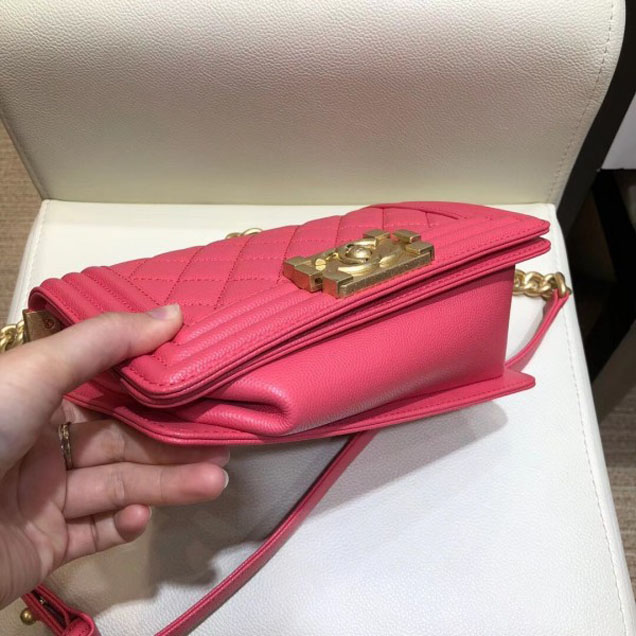 Chanel Small Boy Flap Shoulder Bag in Original Caviar Leather Dark Pink with Gold Hardware