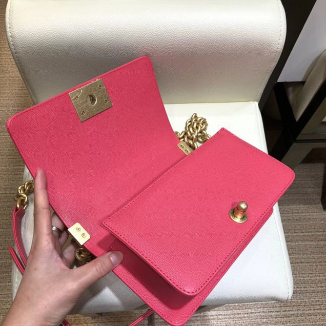 Chanel Small Boy Flap Shoulder Bag in Original Caviar Leather Dark Pink with Gold Hardware