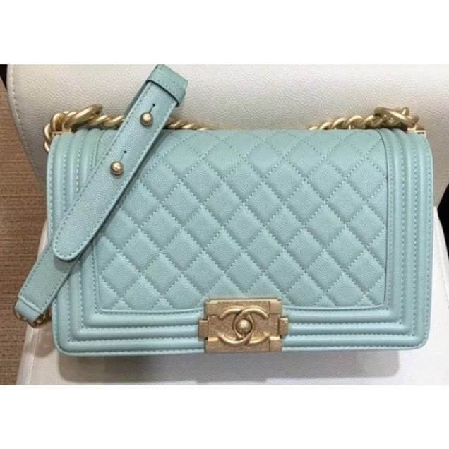 Chanel Medium Boy Flap Shoulder Bag A67086 in Original Caviar Leather Turquoise with Gold Hardware