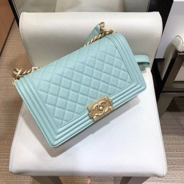 Chanel Medium Boy Flap Shoulder Bag A67086 in Original Caviar Leather Turquoise with Gold Hardware