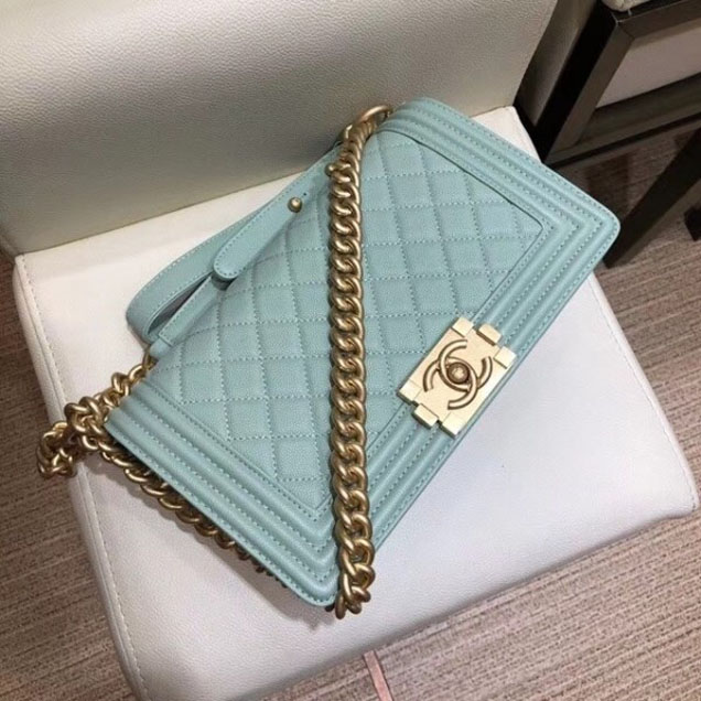 Chanel Medium Boy Flap Shoulder Bag A67086 in Original Caviar Leather Turquoise with Gold Hardware