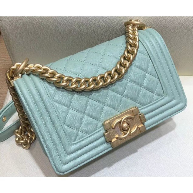 Chanel Small Boy Flap Shoulder Bag in Original Caviar Leather Turquoise with Gold Hardware