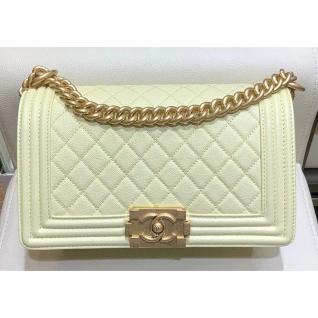 Chanel Medium Boy Flap Shoulder Bag A67086 in Original Caviar Leather Light Yellow with Gold Hardware