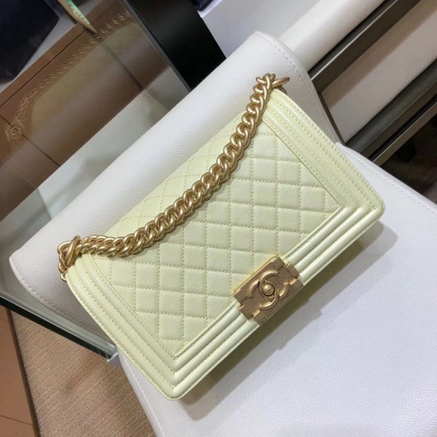 Chanel Medium Boy Flap Shoulder Bag A67086 in Original Caviar Leather Light Yellow with Gold Hardware