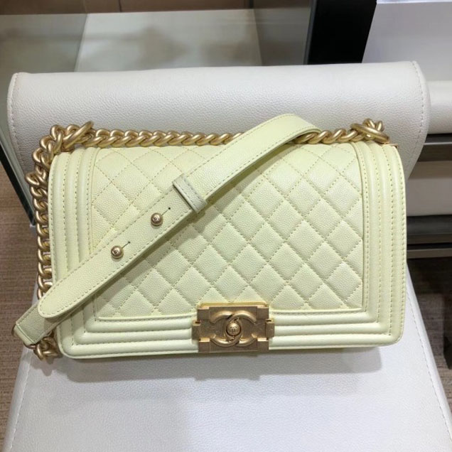 Chanel Medium Boy Flap Shoulder Bag A67086 in Original Caviar Leather Light Yellow with Gold Hardware