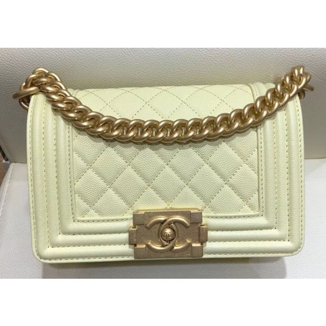 Chanel Small Boy Flap Shoulder Bag in Original Caviar Leather Light Yellow with Gold Hardware