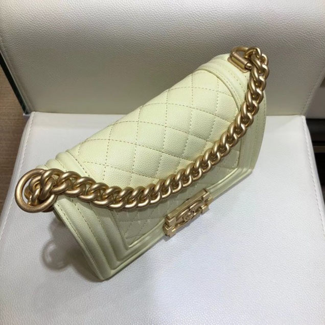 Chanel Small Boy Flap Shoulder Bag in Original Caviar Leather Light Yellow with Gold Hardware