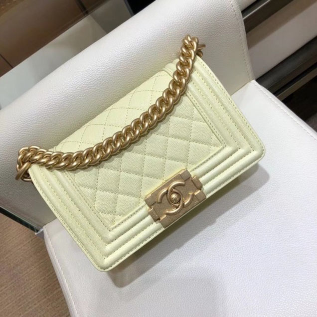 Chanel Small Boy Flap Shoulder Bag in Original Caviar Leather Light Yellow with Gold Hardware