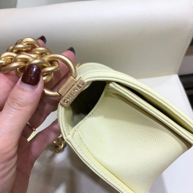 Chanel Small Boy Flap Shoulder Bag in Original Caviar Leather Light Yellow with Gold Hardware