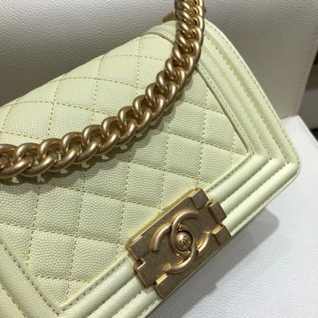 Chanel Small Boy Flap Shoulder Bag in Original Caviar Leather Light Yellow with Gold Hardware