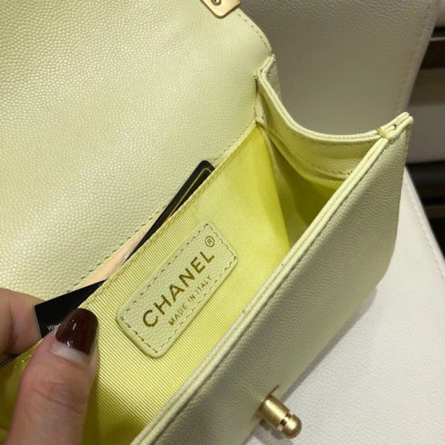 Chanel Small Boy Flap Shoulder Bag in Original Caviar Leather Light Yellow with Gold Hardware