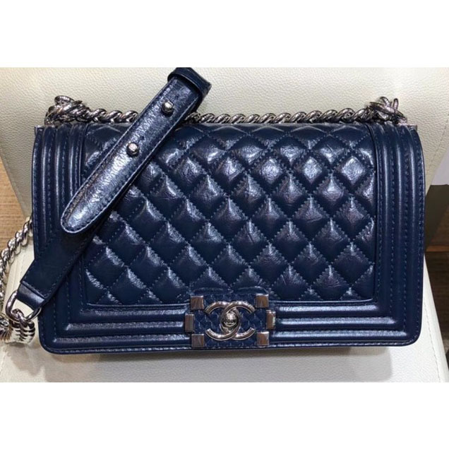 Chanel Medium Metallic Crumpled Waxy Leather Resin Boy Flap Shoulder Bag Royal Blue