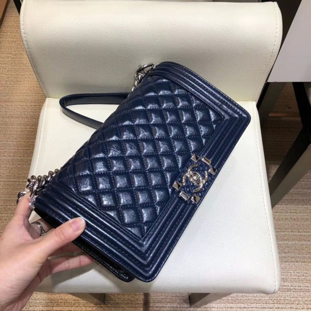 Chanel Medium Metallic Crumpled Waxy Leather Resin Boy Flap Shoulder Bag Royal Blue