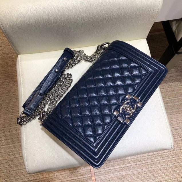 Chanel Medium Metallic Crumpled Waxy Leather Resin Boy Flap Shoulder Bag Royal Blue