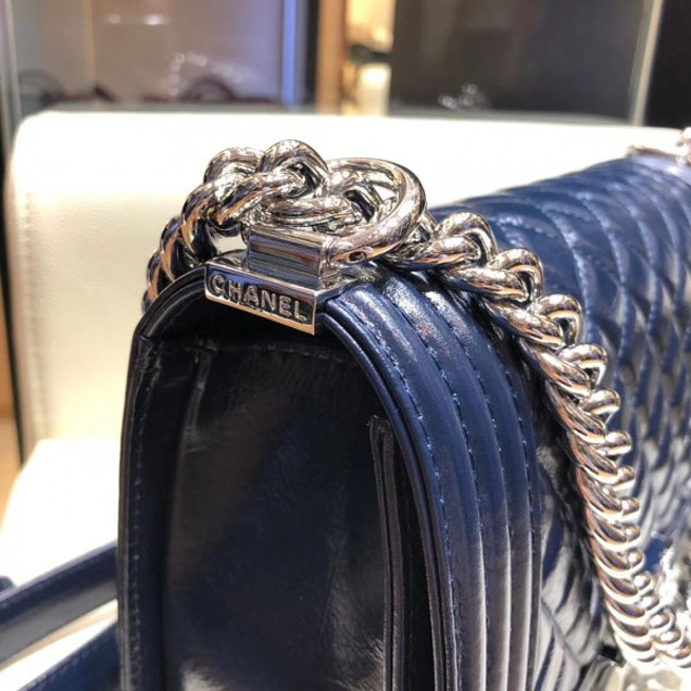 Chanel Medium Metallic Crumpled Waxy Leather Resin Boy Flap Shoulder Bag Royal Blue