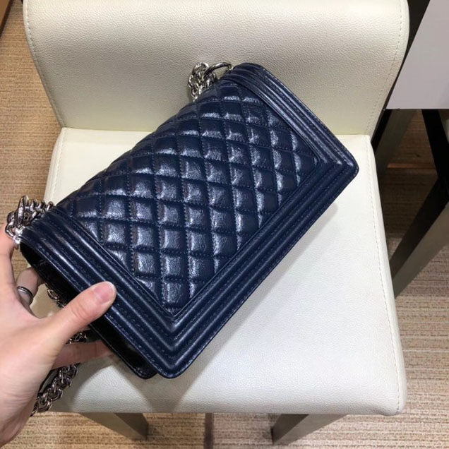 Chanel Medium Metallic Crumpled Waxy Leather Resin Boy Flap Shoulder Bag Royal Blue