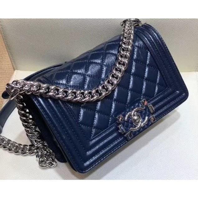 Chanel Small Metallic Crumpled Waxy Leather Resin Boy Flap Shoulder Bag Royal Blue