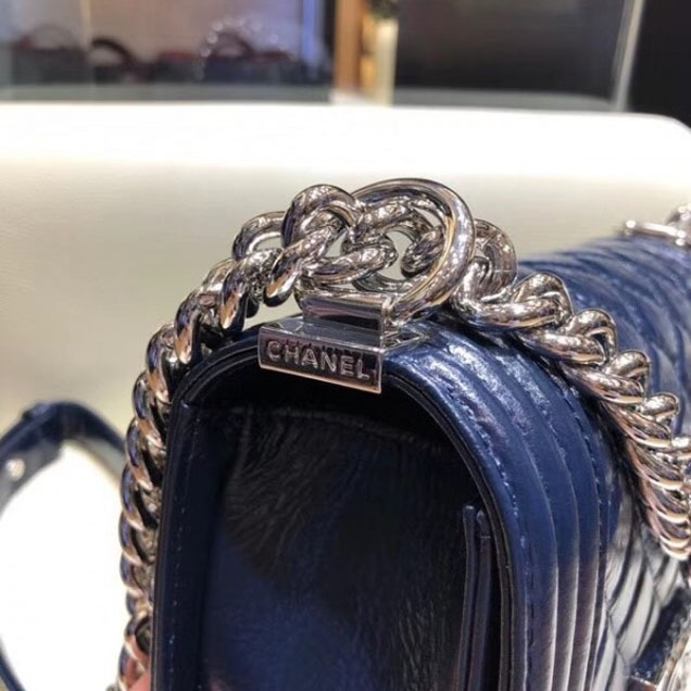 Chanel Small Metallic Crumpled Waxy Leather Resin Boy Flap Shoulder Bag Royal Blue