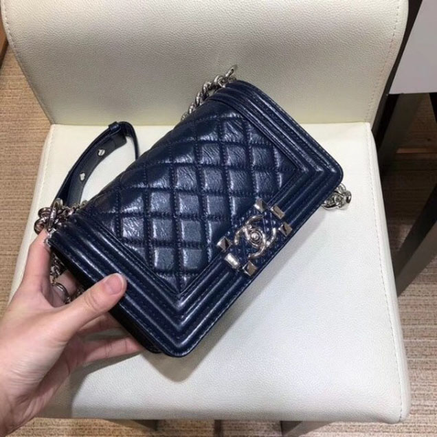 Chanel Small Metallic Crumpled Waxy Leather Resin Boy Flap Shoulder Bag Royal Blue