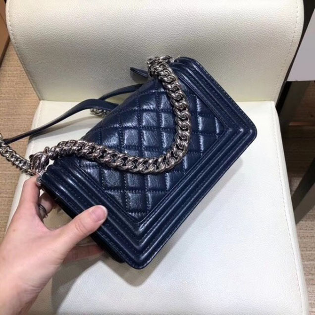 Chanel Small Metallic Crumpled Waxy Leather Resin Boy Flap Shoulder Bag Royal Blue