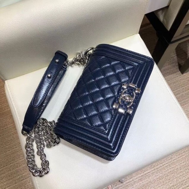 Chanel Small Metallic Crumpled Waxy Leather Resin Boy Flap Shoulder Bag Royal Blue