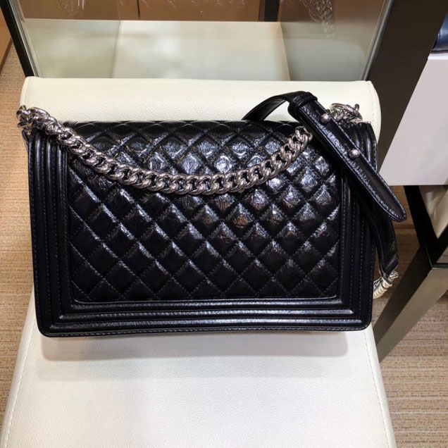 Chanel New Medium Metallic Crumpled Waxy Leather Resin Boy Flap Shoulder Bag Black