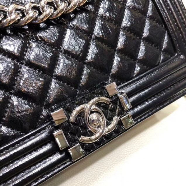 Chanel Medium Metallic Crumpled Waxy Leather Resin Boy Flap Shoulder Bag Black