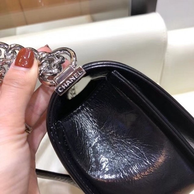 Chanel Medium Metallic Crumpled Waxy Leather Resin Boy Flap Shoulder Bag Black
