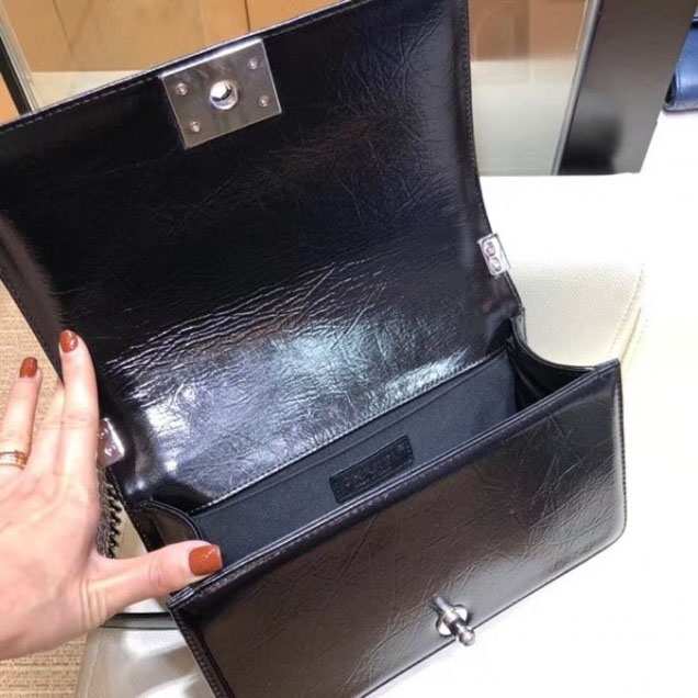 Chanel Medium Metallic Crumpled Waxy Leather Resin Boy Flap Shoulder Bag Black