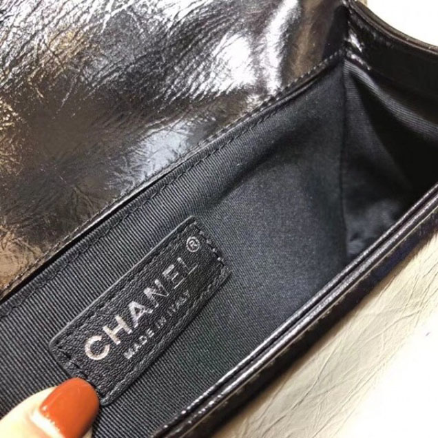 Chanel Medium Metallic Crumpled Waxy Leather Resin Boy Flap Shoulder Bag Black