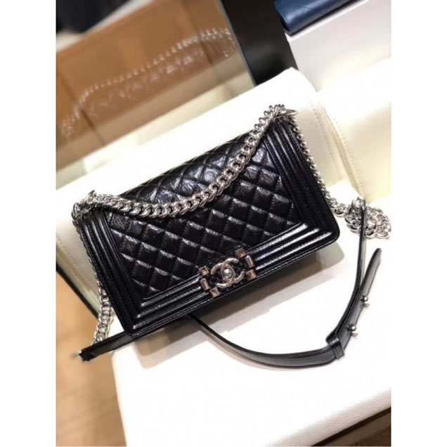 Chanel Medium Metallic Crumpled Waxy Leather Resin Boy Flap Shoulder Bag Black