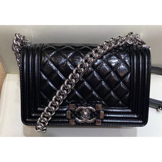 Chanel Small Metallic Crumpled Waxy Leather Resin Boy Flap Shoulder Bag Black