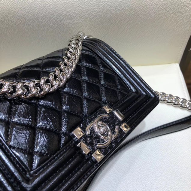 Chanel Small Metallic Crumpled Waxy Leather Resin Boy Flap Shoulder Bag Black