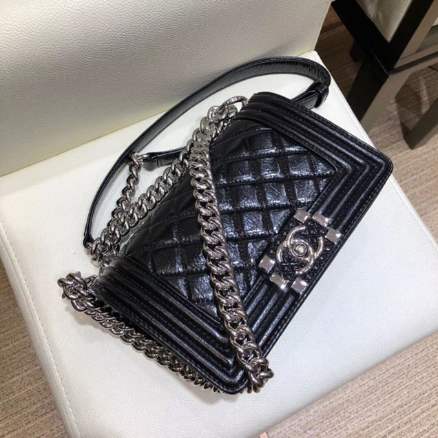 Chanel Small Metallic Crumpled Waxy Leather Resin Boy Flap Shoulder Bag Black