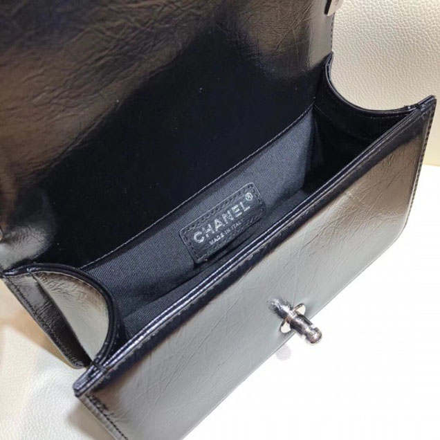 Chanel Small Metallic Crumpled Waxy Leather Resin Boy Flap Shoulder Bag Black