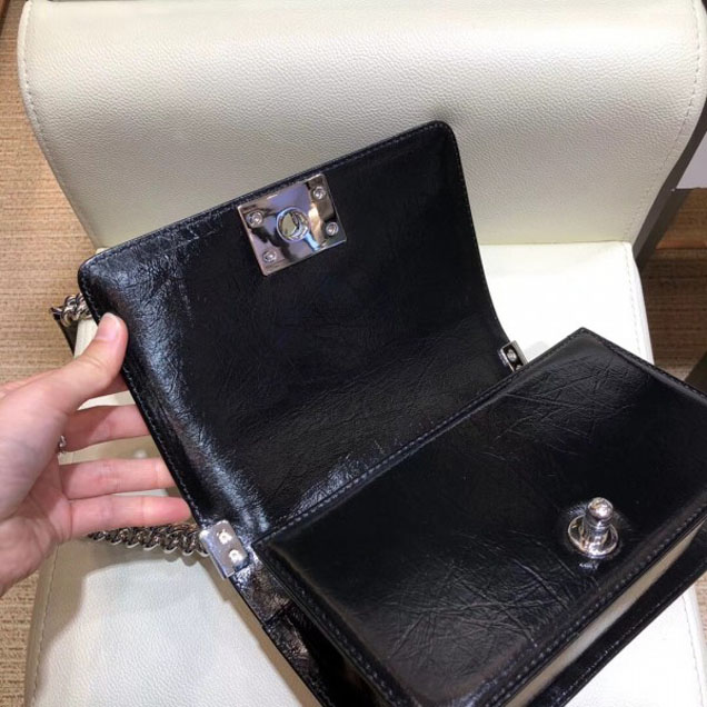 Chanel Small Metallic Crumpled Waxy Leather Resin Boy Flap Shoulder Bag Black