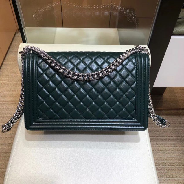 Chanel New Medium Metallic Crumpled Waxy Leather Resin Boy Flap Shoulder Bag Dark Green