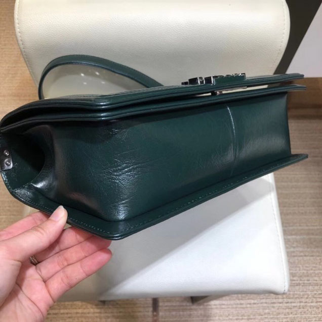 Chanel New Medium Metallic Crumpled Waxy Leather Resin Boy Flap Shoulder Bag Dark Green