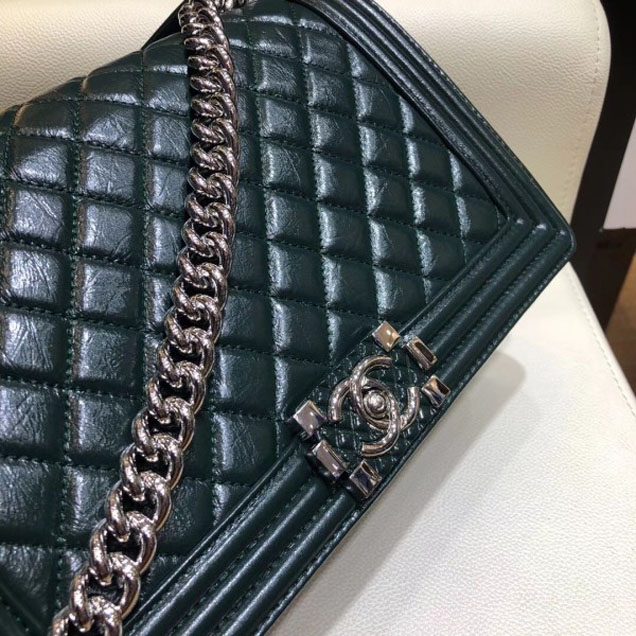 Chanel New Medium Metallic Crumpled Waxy Leather Resin Boy Flap Shoulder Bag Dark Green