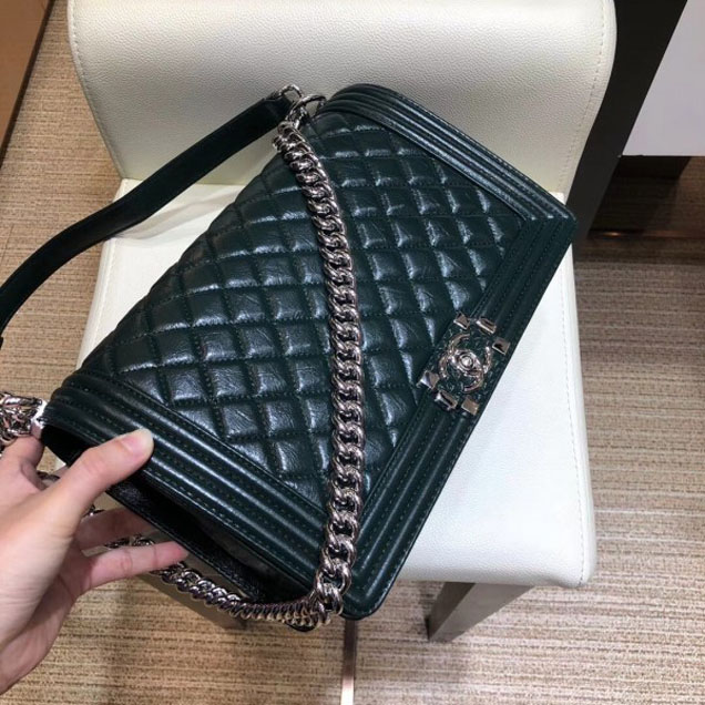 Chanel New Medium Metallic Crumpled Waxy Leather Resin Boy Flap Shoulder Bag Dark Green