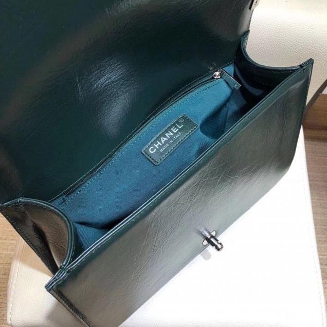Chanel New Medium Metallic Crumpled Waxy Leather Resin Boy Flap Shoulder Bag Dark Green