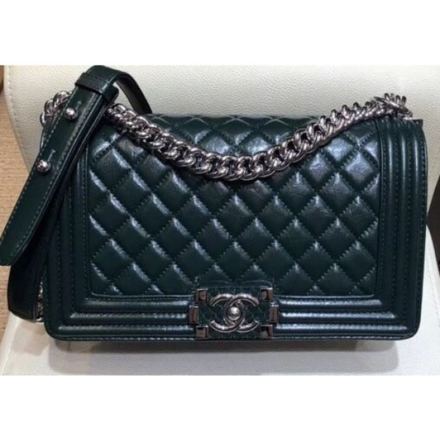 Chanel Medium Metallic Crumpled Waxy Leather Resin Boy Flap Shoulder Bag Dark Green