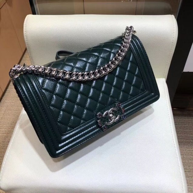 Chanel Medium Metallic Crumpled Waxy Leather Resin Boy Flap Shoulder Bag Dark Green